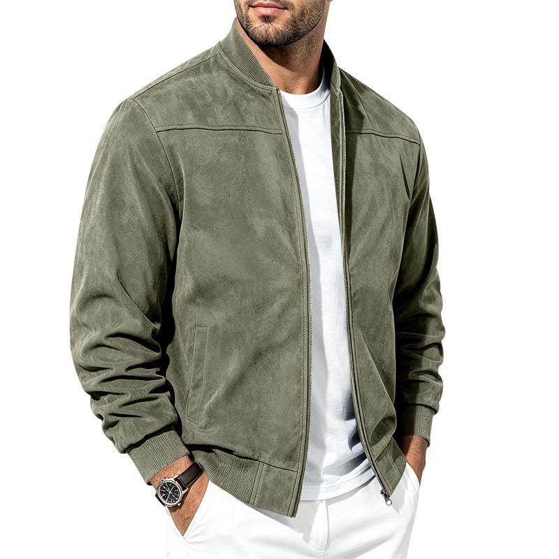 Men Faux Suede Bomber Jacket Zip‑Up Baseball Collar Casual Long Sleeve Outerwear Lightweight Fall Pilot Coat