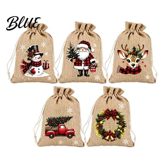 Holiday Treat Bags for Kids Christmas Drawstring Bags, Small Festive Prints Burlap Pouches Seasonal Gift Wrapping Supplies Candy Jewelry And