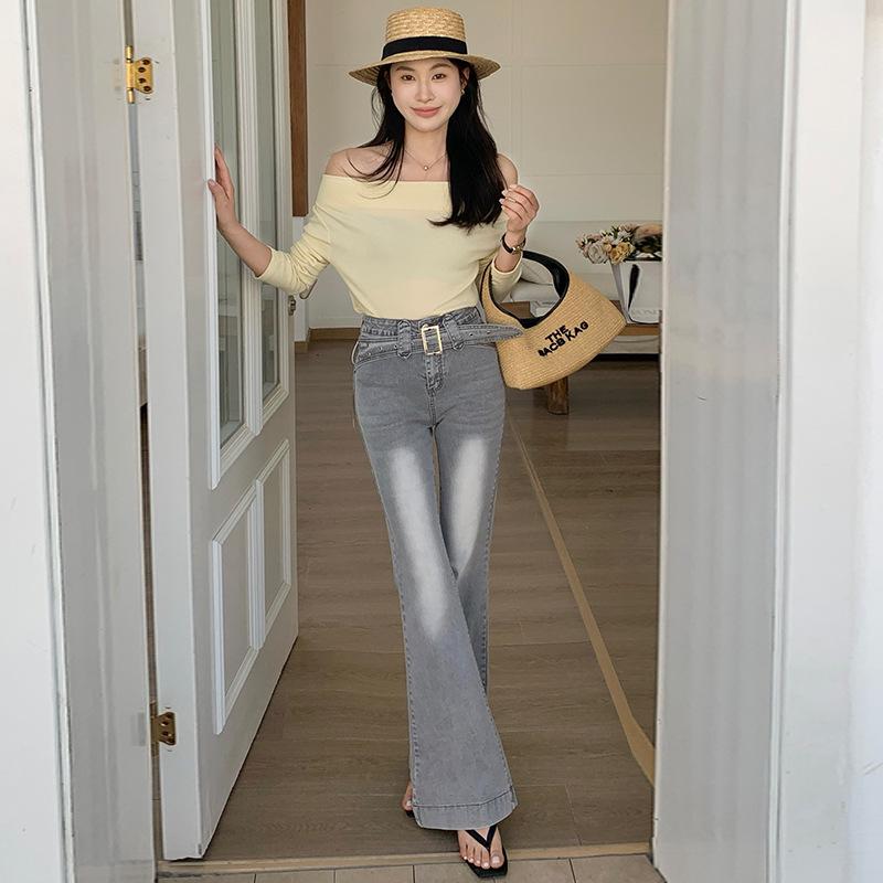 Women s Retro Washed High-Waist Bell Bottom Jeans - Spring/Autumn Slimming Flare Floor-Length Pants with Belt Small