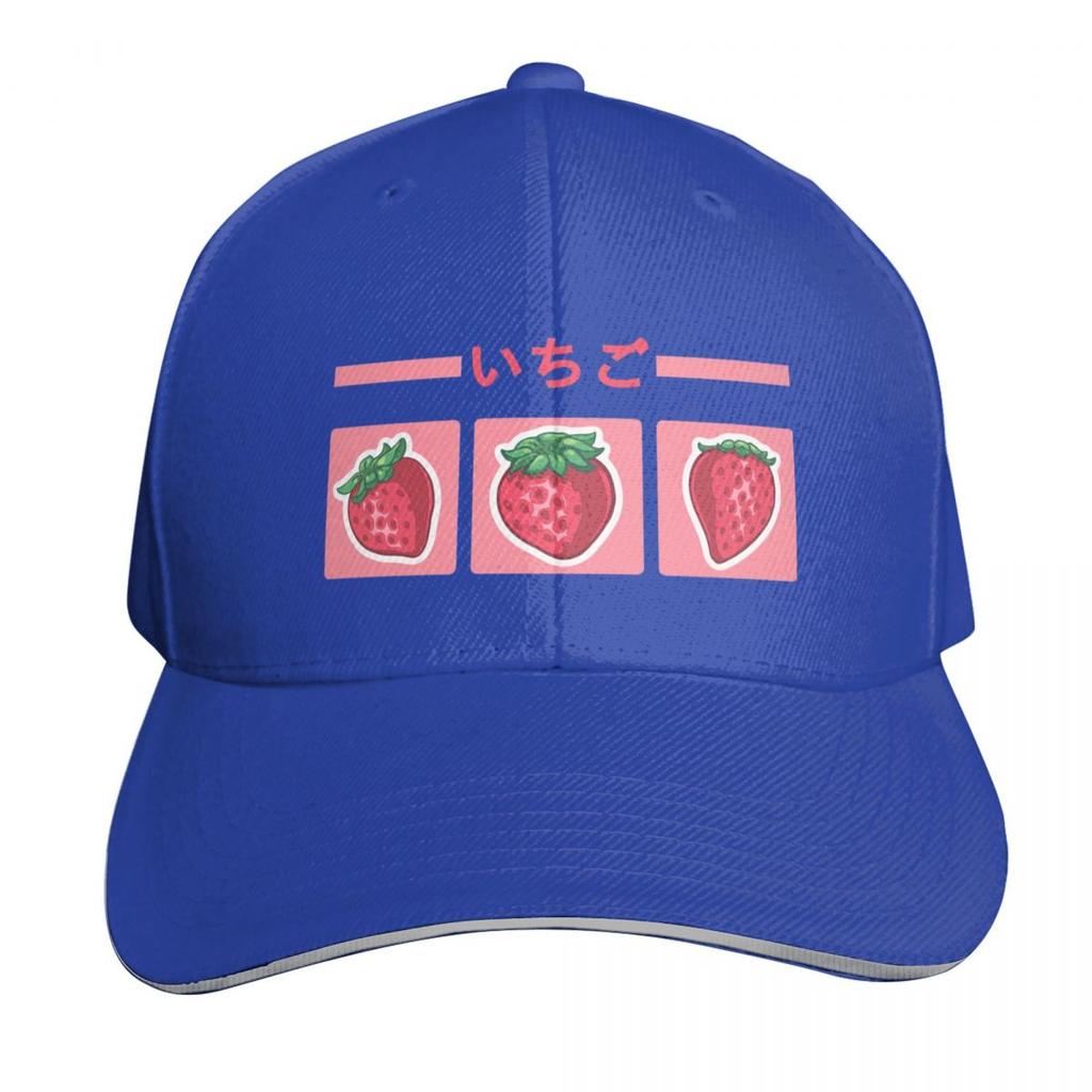 Cute strawberry design on pink background with the strawberry japanese kanji Baseball Cap Ball Cap derby hat Women Unisexs
