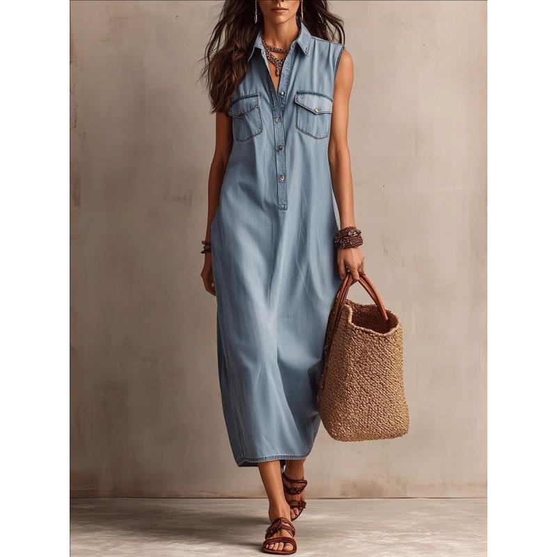European and American women s clothing new bohemian sleeveless denim vacation medium and long women s dress S