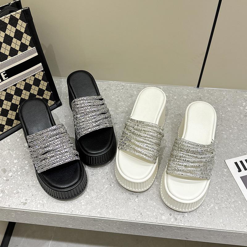 European Station 2025 Summer New Product Slope Heel Thick Bottom Heightened Feminine Rhinestone Surface One-word Slippers Wear Cool Slippers