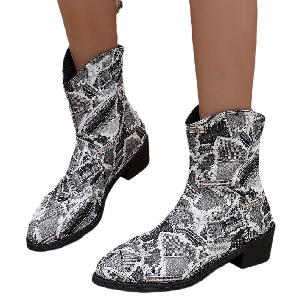 European and American women's shoes versatile pointed low tube cowboy short boots thick heel medium heel women's Martin boots