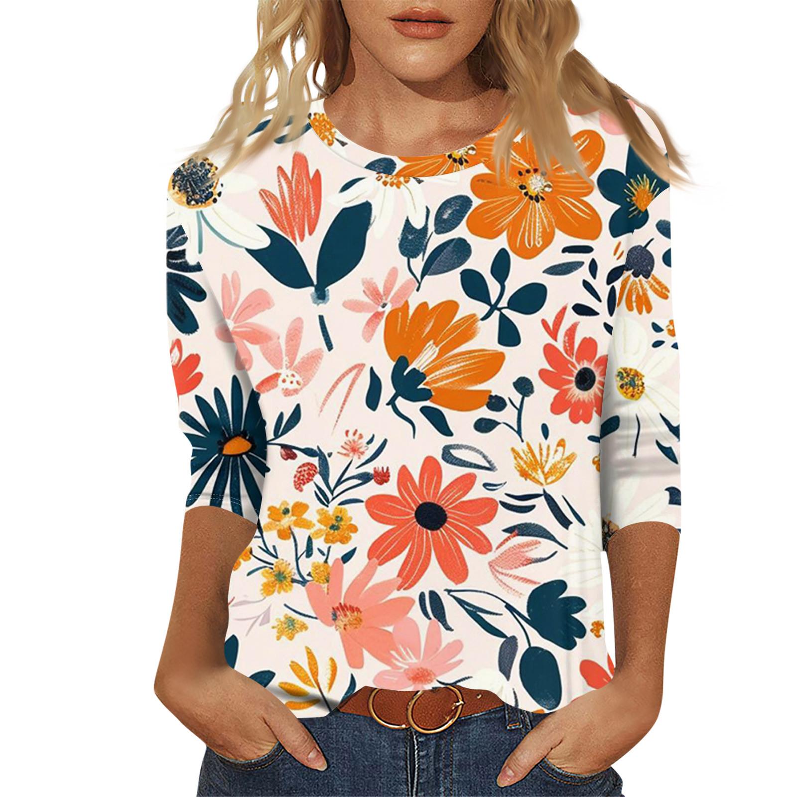 

Женский модный и повседневный пуловер с рукавом семь четвертей и цветочным принтом XL белый