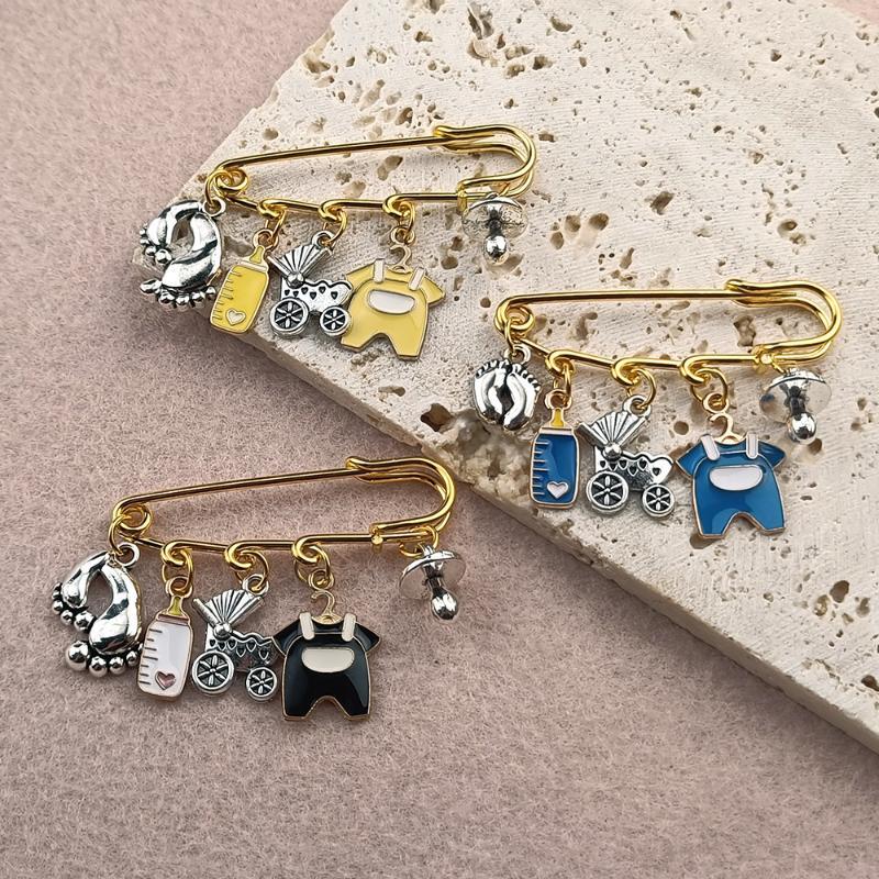 Cute Baby Arrival Enamel Safety Pin Brooch Creative Stroller Bottle Dummy Design Lapel Pin for New Parent Gift