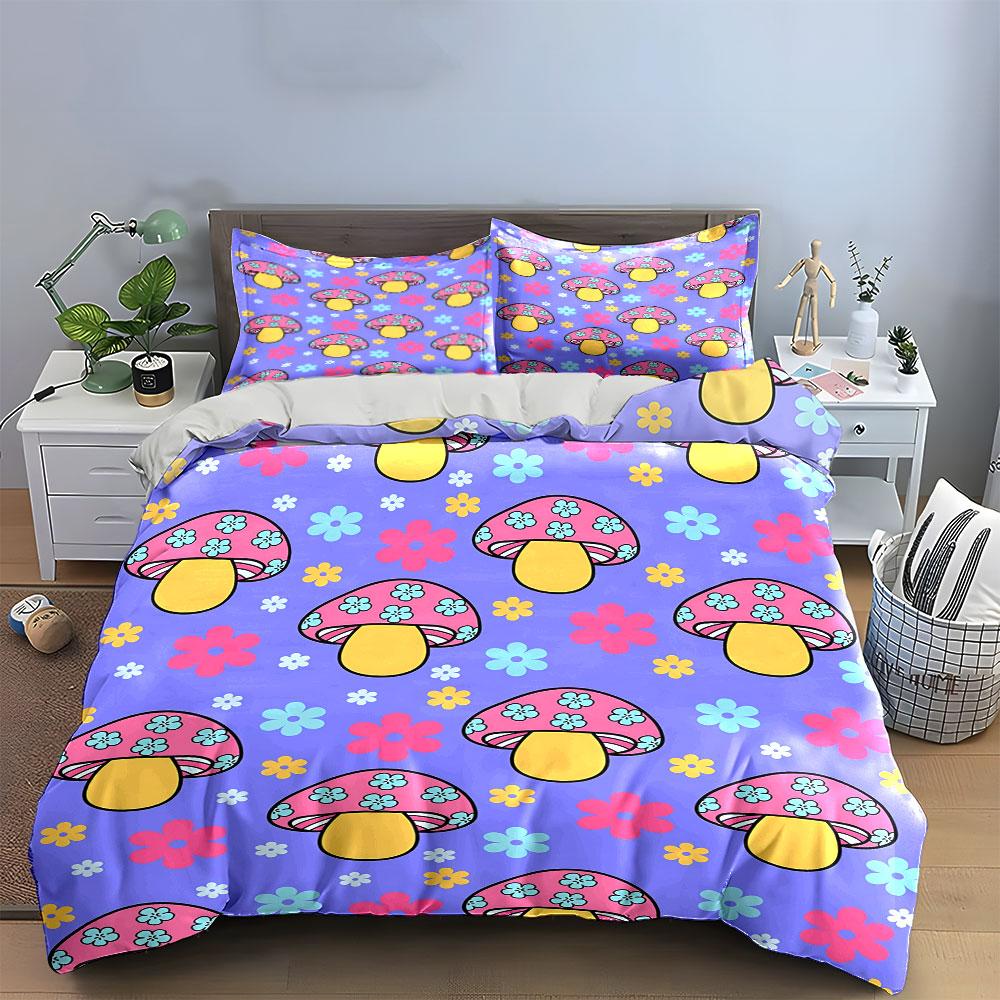 Mushroom and Floral Print Set Bedding Duvet Cover Set Duvet Cover Pillowcases  (1 * Duvet Cover 2 * Pillowcases, Without Duvet Insert)