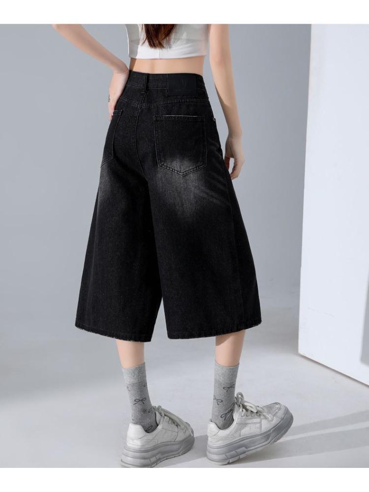 Fashion Summer Vintage High Waist Loose Cropped Capri Pants For Women Versatile High Street Straight Denim Trendy Slimming FigureFlattering Daily Wear
