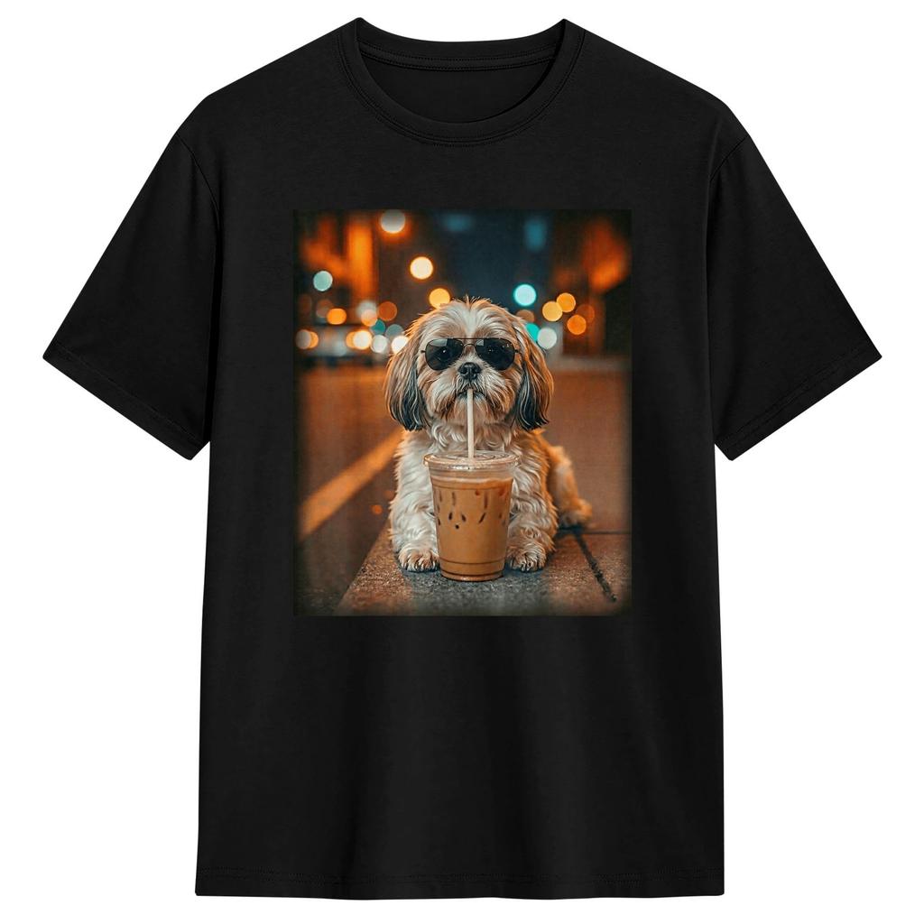 Divertente Shih Tzu che beve caffè freddo Maglietta Estate Cotone Magliette Per Unisex Design Maglietta Manica Corta Y2k Abbigliamento Casual