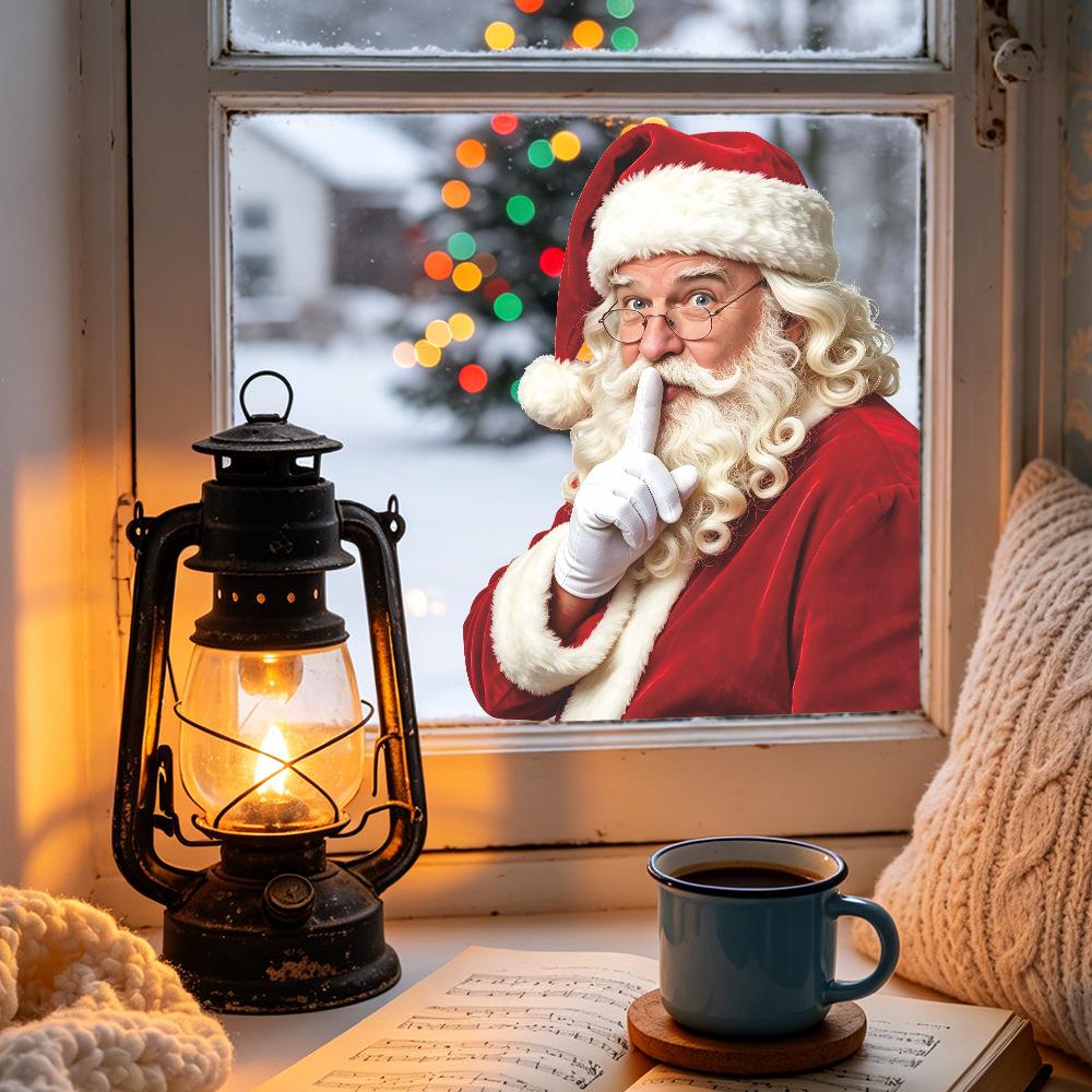 3D Simulation of A Funny Christmas Santa Claus on The Glass Window, with Decorative Stickers for Beautifying The Window.