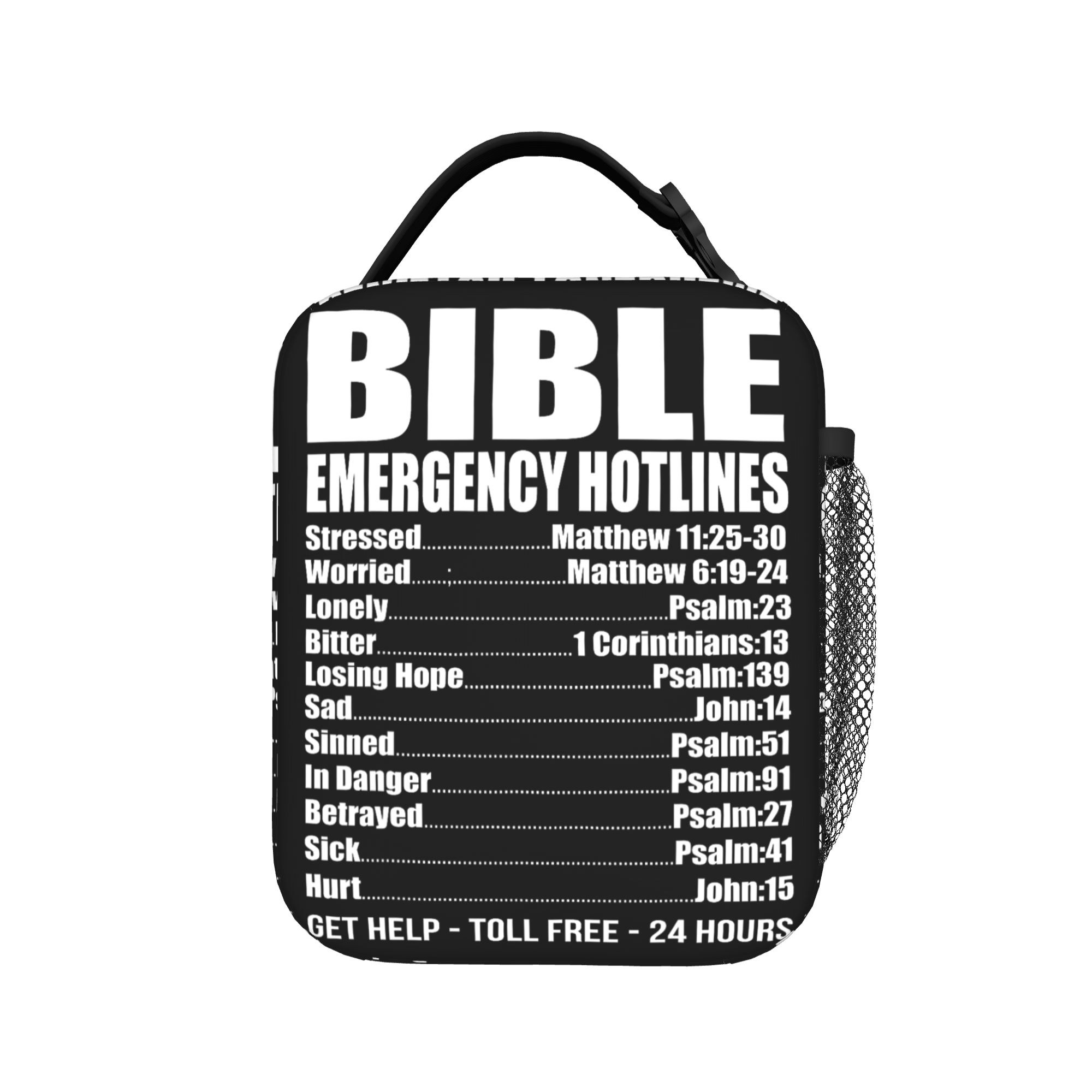 Bible Emergency Numbers Funny Hotline Christian Lunch Bag For Unisex Lunch Box Retro Travel Cooler Bag Thermal Tote Handbags One Size