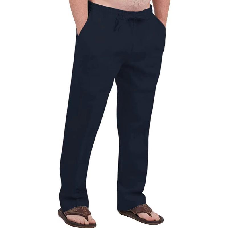 Herren Freizeit Atmungsaktive Baumwoll-Leinen Kordelzug Hose – Atmungsaktive Sommer Strandhose