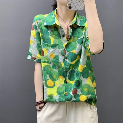 Chemise d'été mi-longue ample à manches courtes imprimée pour femme Hauts confortables en coton lin