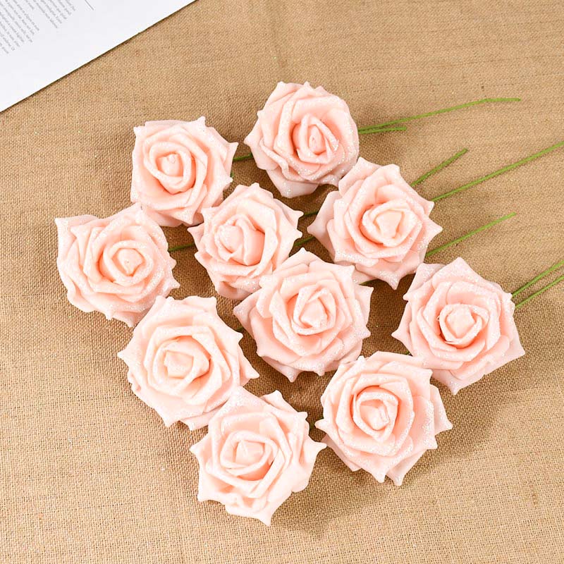 10/20 Stück Glitzer Künstliche Rosenblumen mit Stiel Blätter DIY Hochzeitssträuße Geburtstagsfeier Heimdekorationen DIY Bastelkranz