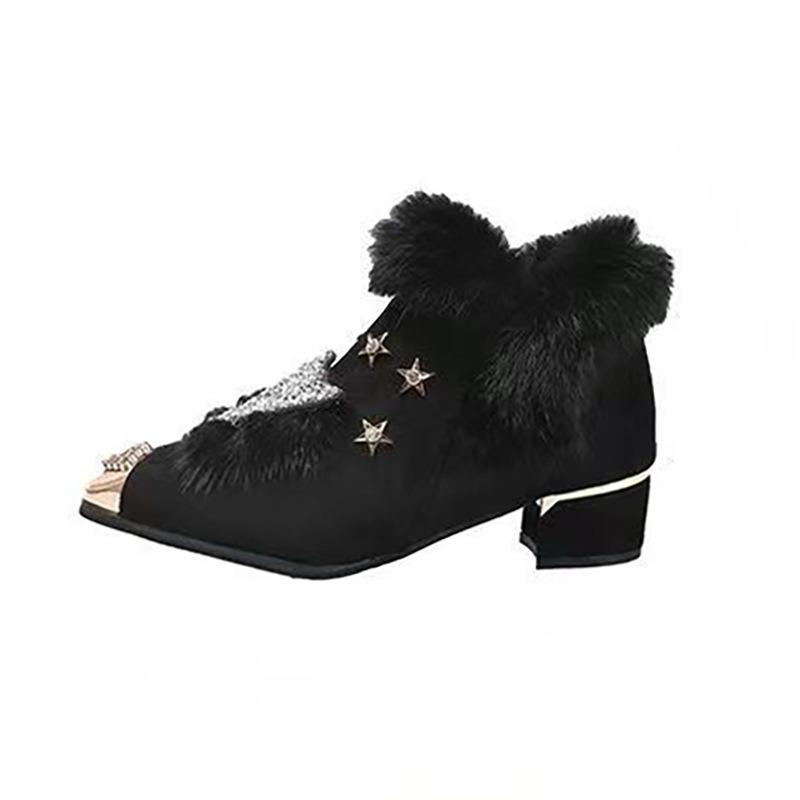 Pointed Head Hairy Shoes Women's Big Size Padded Thick Heel Thick Single Shoes Fall and Winter Warm Cotton Shoes