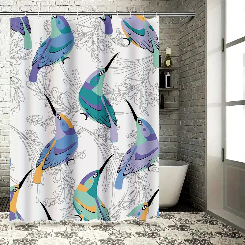 Colorful Birds Shower Curtain Modern Hummingbird Print for Bathroom Decor Washable Fabric Easy Installation Rings Included