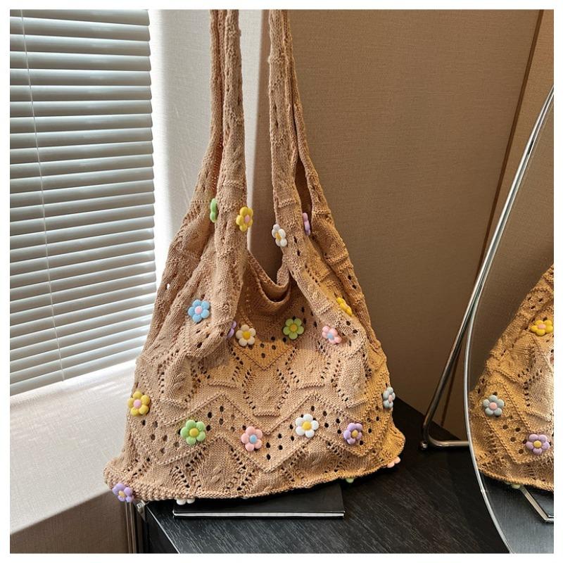 New Large-capacity Commuter Shoulder Bag Fashionable Pearl Tote Bucket Bag Casual Simple Knitted Bag Women