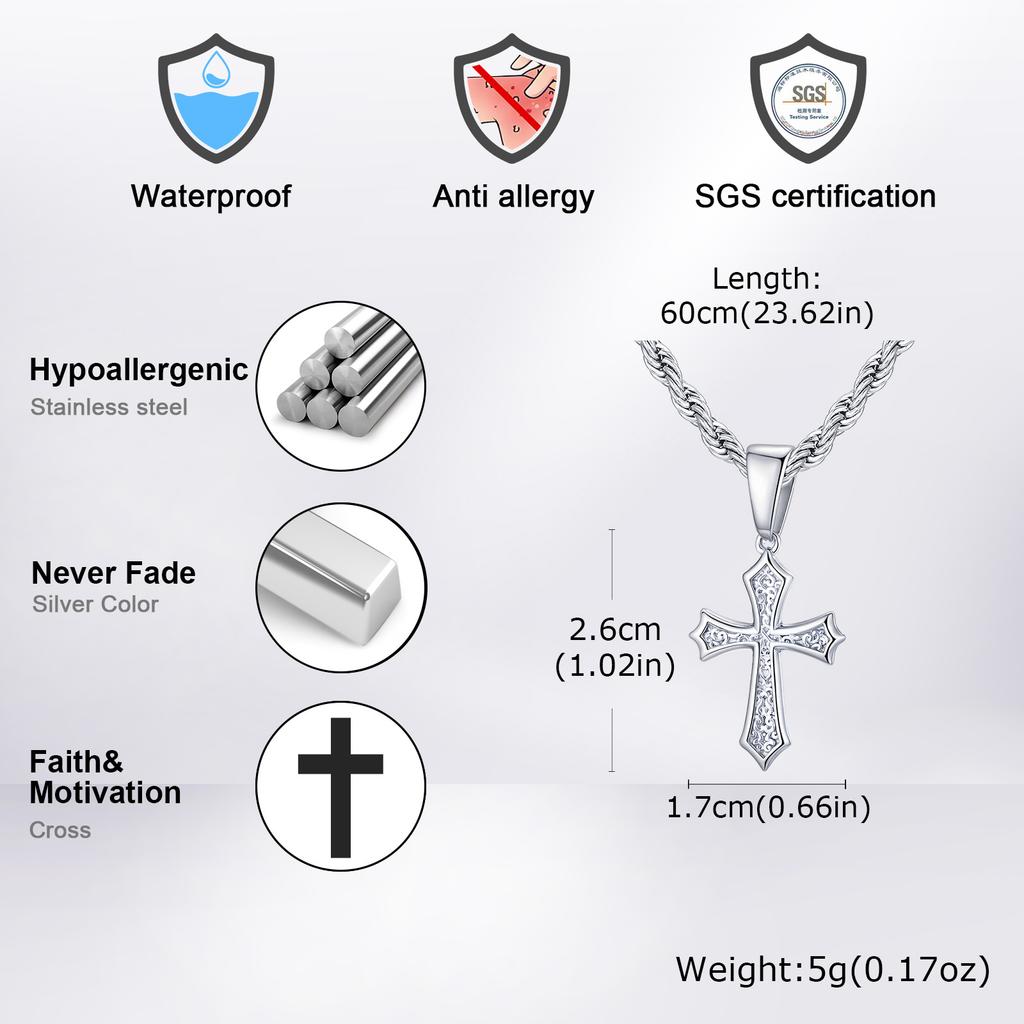 Hiphop Kreuz Halskette für Männer Frauen, 50/55/60cm Edelstahl Kreuz Anhänger, Trendiger Schmuck Geschenk für Ihn Sie