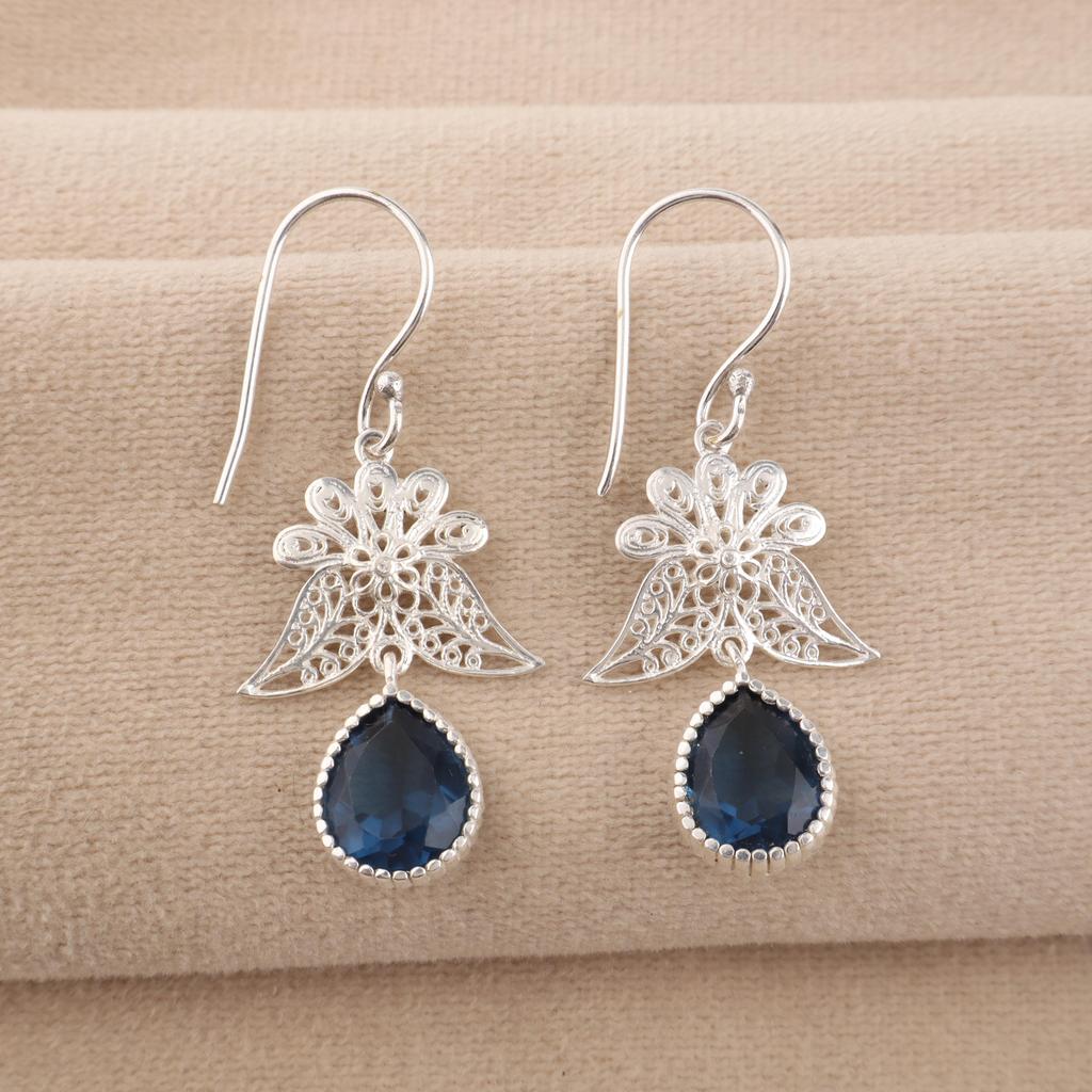 London Blue Topaz Gemstone 925 Sterling Silver Handcrafted Jewelry Designer Long Earrings 1.84" For Birthday Gift CE-23-8