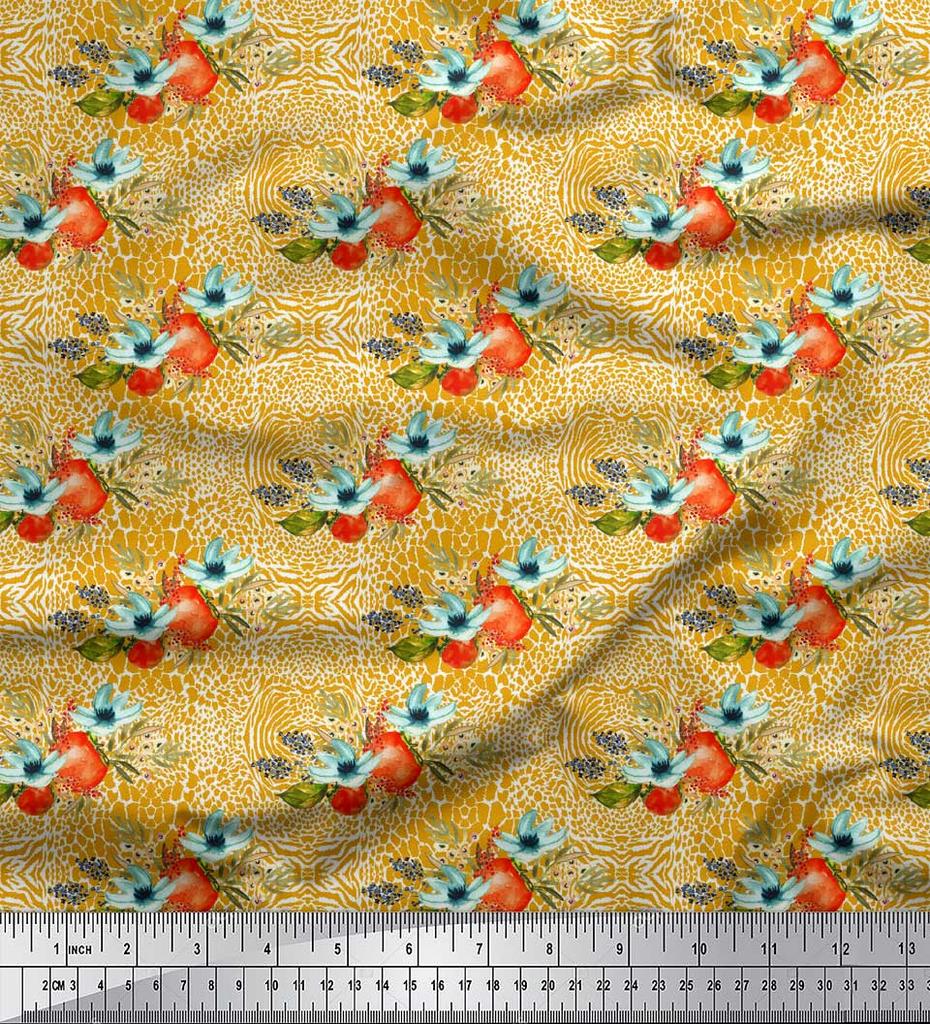 Soimoi Gold Japan Crepe Satin Fabric Tomato & Zephyranthes Floral Print Sewing Fabric metre 42 Inch