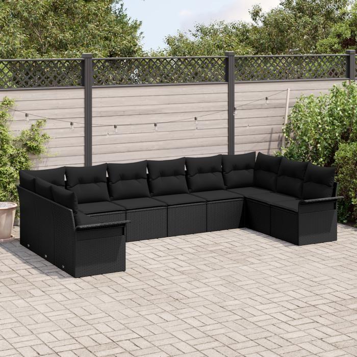 Set de 10 pièces de Canapé de Jardin avec Coussins Noir Poly Rattan, Canapé de Jardin 2 places avec Rangement et Coussins 3354212