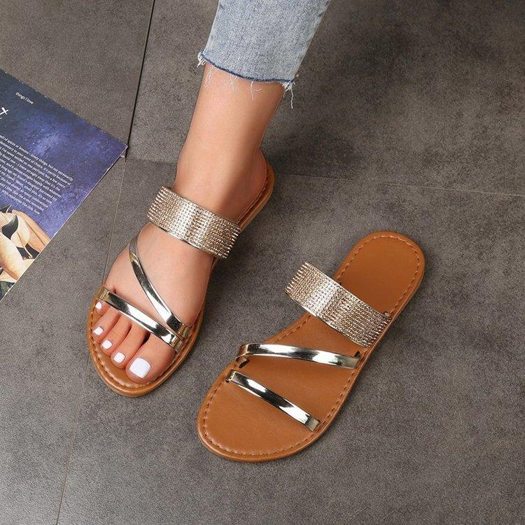 Large Size One-word Cool Slippers Women's Fashion Rhinestone Outdoor Breathable Rhinestone Casual Sandals