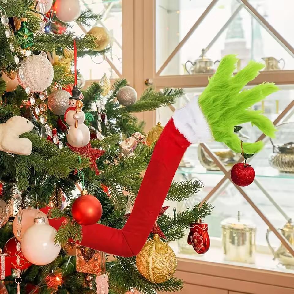 1pc Christmas Elf Body Tree Decoration Arm, Furry Green Monster Elf Arms Hand for Christmas Tree Ornaments Xmas Tree Pendant