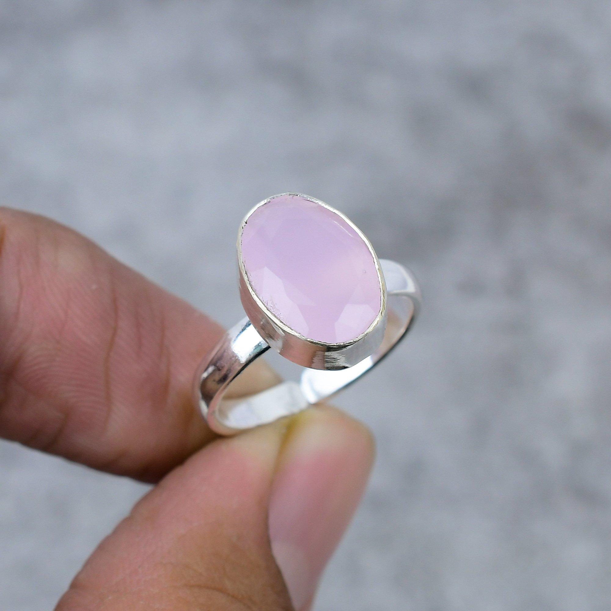 

Pink Chalcedony Gemstone Handmade 925 Sterling Silver Jewelry Ring Size 8 M-274