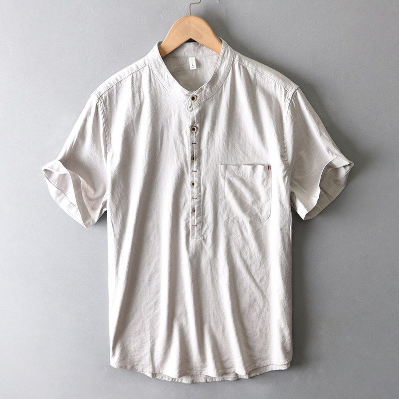 Summer Chinese Style Japan fashion Retro Stand Collar Linen Shirts Men's New Chinese Cotton Linen Short sleeve Shirt T-shirt Thin