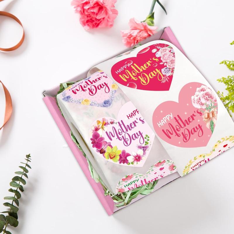 500Pcs Heart-shaped Floral Mother s Day Stickers Happy Mother s Day Labels For Gifts Packaging Baking Sealing Tape