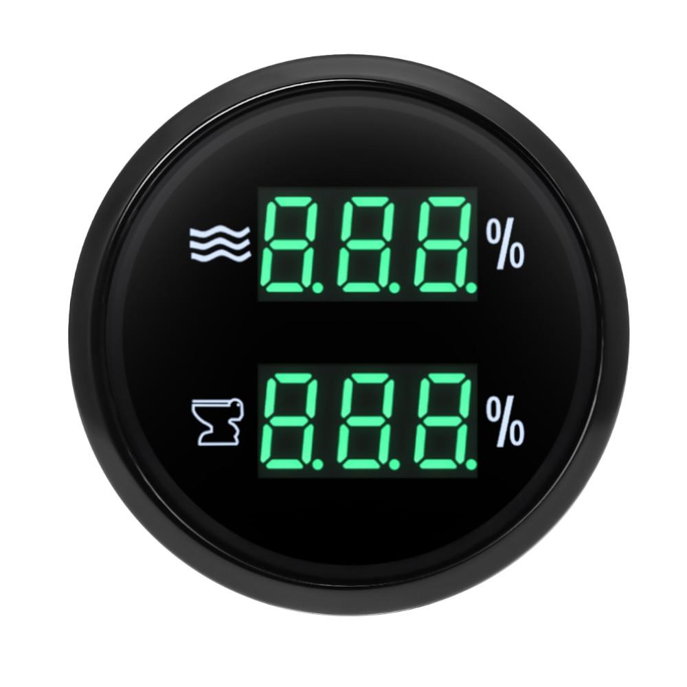 2 IN 1 Water Level Gauge+Sewage Level Gauge With Green Light Digital 52mm Dual Gauge 0-190ohm Sensor For Car Boat Yacht 12V/24V
