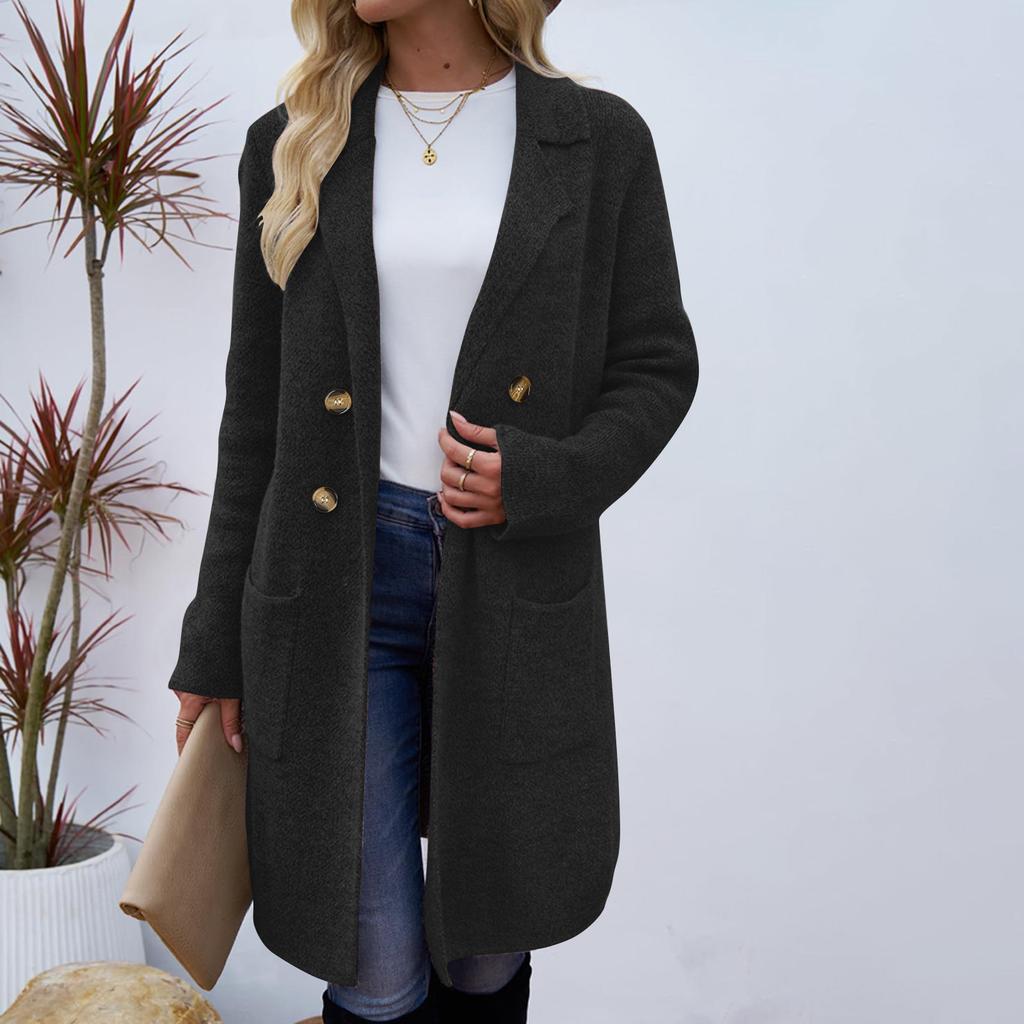 Women's Lapel Long Sleeve Mid-Length Woolen Coat Loose Fit Casual Fall Winter Blazer Jacket