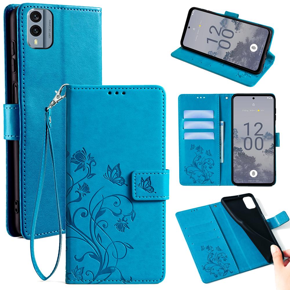 

Чехол для Nokia X30 5G с ремешком на руку, кошелек, откидной, из ПУ кожи, с рисунком бабочки и цветка, чехол для телефона Blue