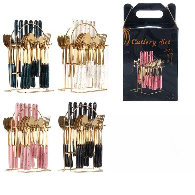 Stainless steel knife, fork, spoon, Nordic 24 piece cutlery set, marble pattern, dessert spoon, steak knife and fork gift box set