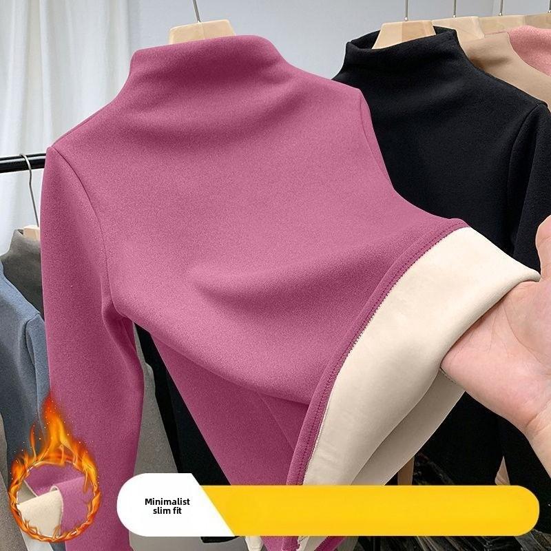 Women Thermal Underwear Winter Half High Collar Bottom Shirt Solid Semi High Collar Long Sleeve Basic T-Shirt Heating Pullovers