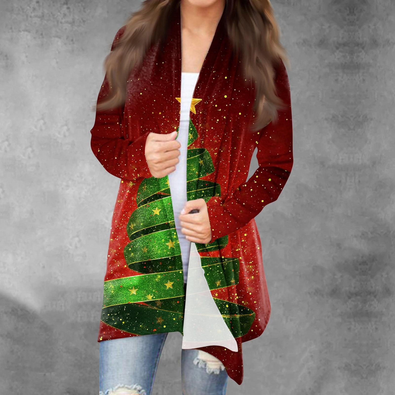 

Женская модная рождественская куртка с принтом, повседневный кардиган с длинным рукавом, пальто XL арбуз красный