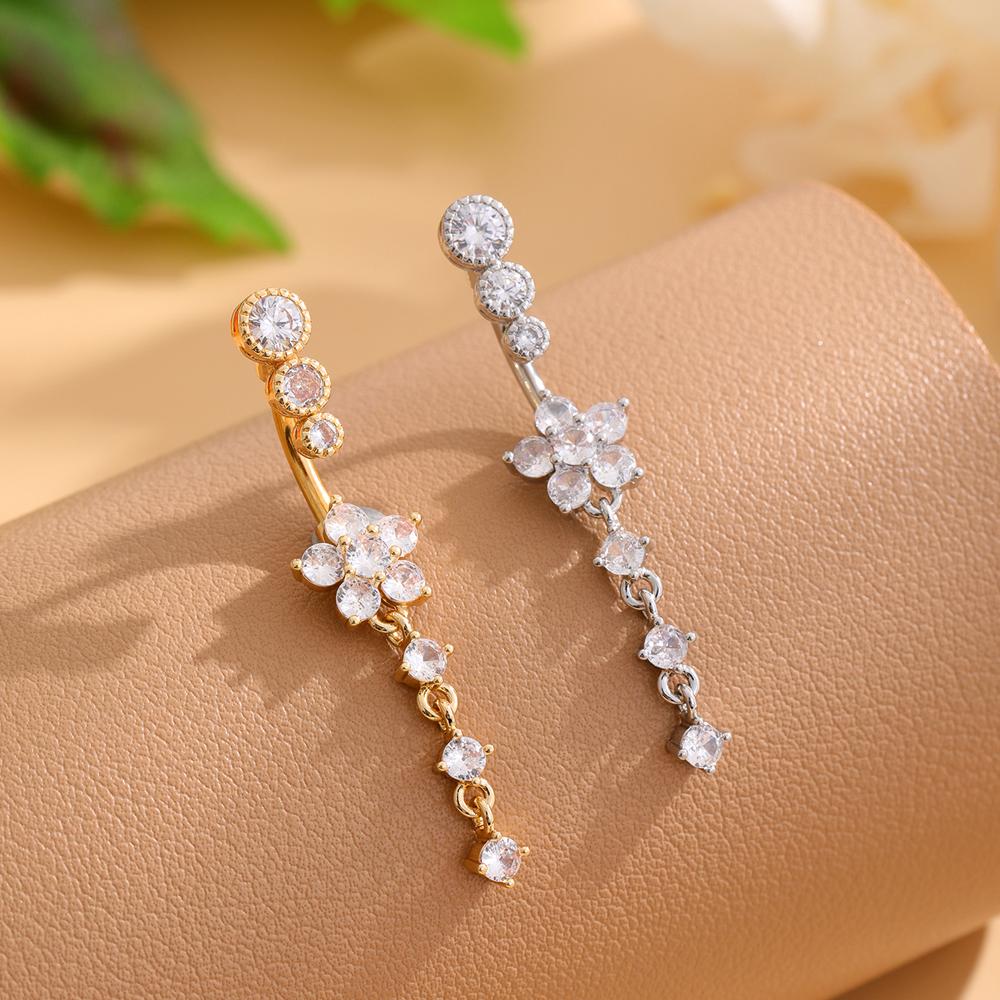 Gold Stainless Steel Long Dangle Flower CZ Belly Button Ring for Women
