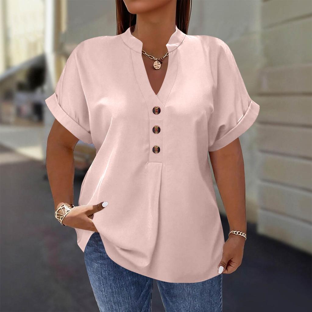 Women's Fashion Short Sleeve V Neck Button Up Blouse Stylish Casual Plus Size Top
