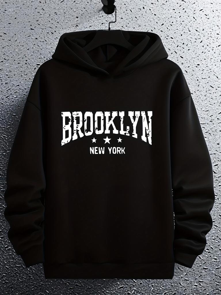 Brooklyn New York Grafik Hoodie - Lässiger Schwarzer Pullover mit verwaschenem Weißem Schriftzug