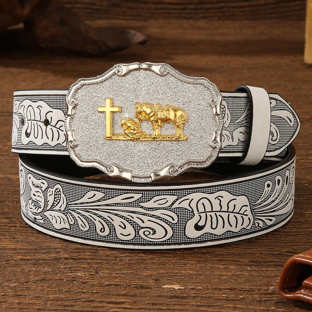 Vintage Retro Punk PU Belt with Big Plate Alloy Buckle Trendy Western Denim Style Plastic Belt