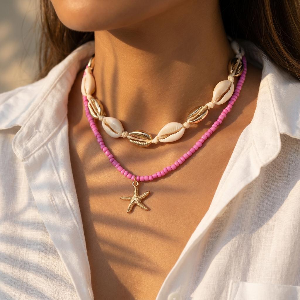 Boho Gold Color Starfish Shell Pendant Necklace for Women Double Layer Rice Beads Sea Shell Choker Summer Beach Party Jewelry