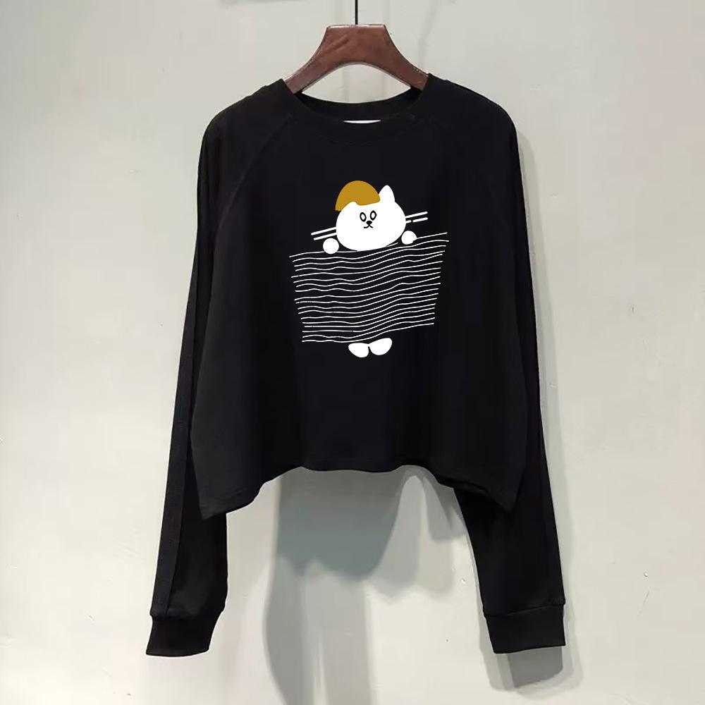 Women's Stylish Long Sleeve Cartoon Cat Cotton T-Shirt - Casual Loose Fit