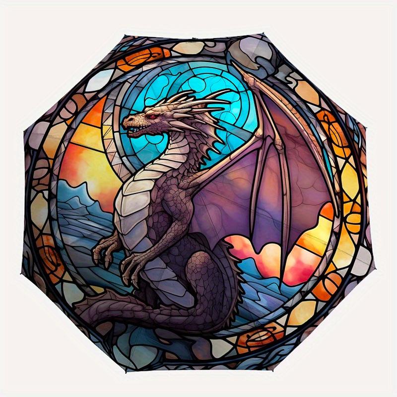 Stained Dragon Window Panel: Fantasy Art DecorUmbrella, Portable 3-Fold Compact Umbrella,Christmas Gift ES521