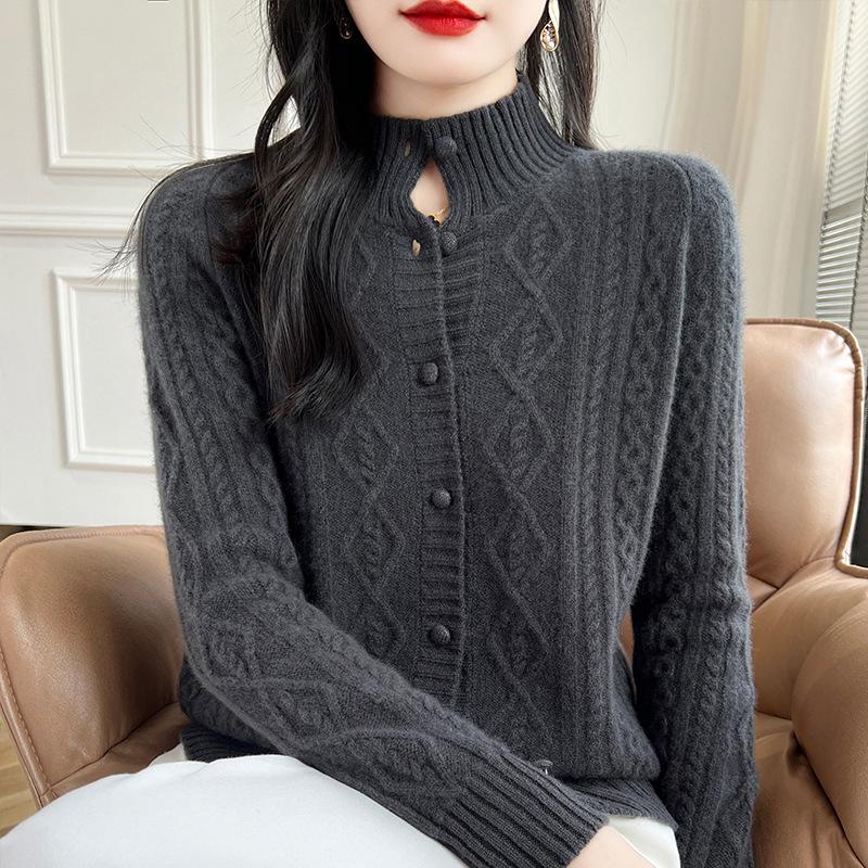 

Heavy Knit Half High Neck Slim Fit Cashmere Cardigan Sweater for Spring & Autumn Medium