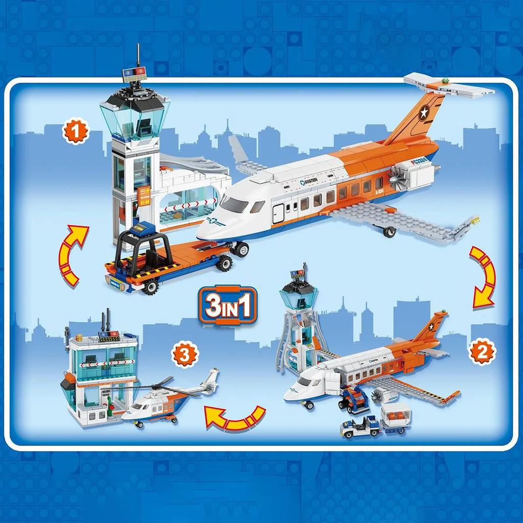 3-in-1 Stadt Flughafen Baustein Flugzeug Passagierterminal Personal Flugzeug Gepäckwagen Bus STEM Lernspielzeug Weihnachtsgeschenk