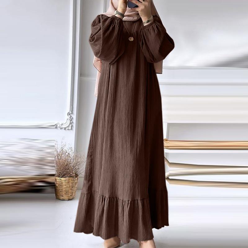 In-Stock Pleated Vintage Muslim Women's Robe with Puff Sleeves and Pocket Hem Ruffle Dress