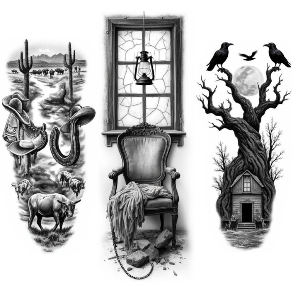 3pcs Temporary Tattoo Black And Grey Realism Horseshoe Desert Landscape Saddle For Men Adults Women