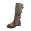 Retro splicing long tube stacking boots women's autumn new belt buckle knight boots thick heel tall cowboy boots