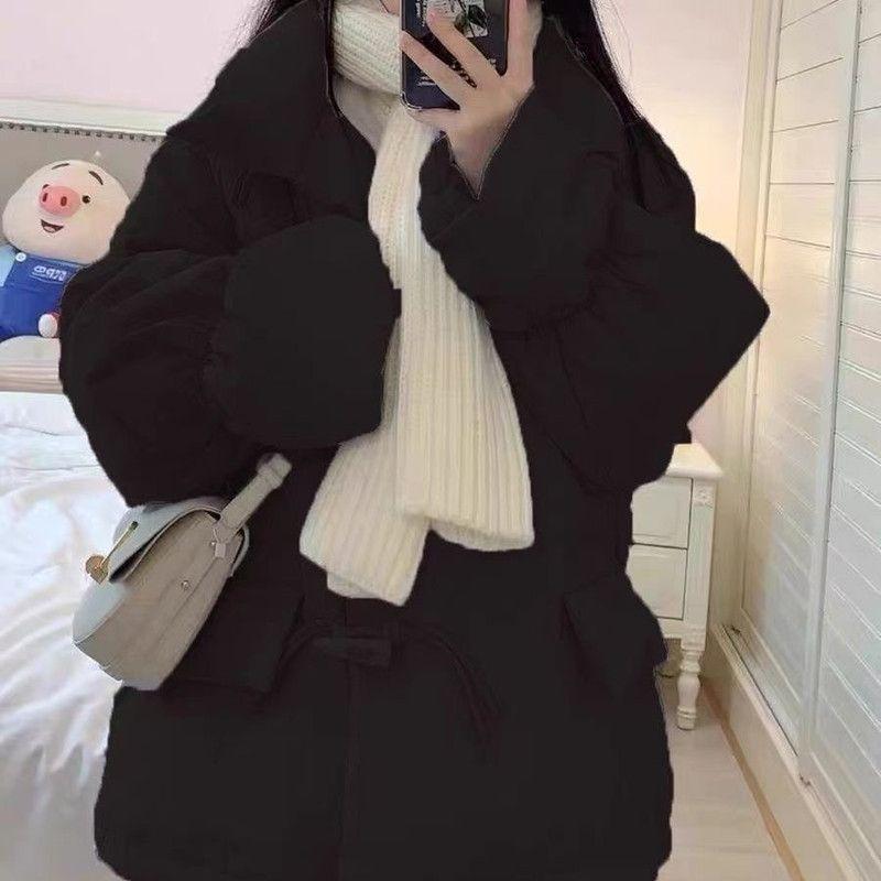 Fashionable Horn Button Winter Coat with Thickened Cotton for Women