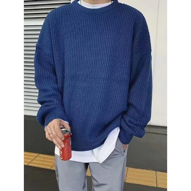 Autumn Crew Neck Solid Color Pullover Sweaters for Men Casual Y2K Knitted Sweater High Street Fashion Jumpers Hombre