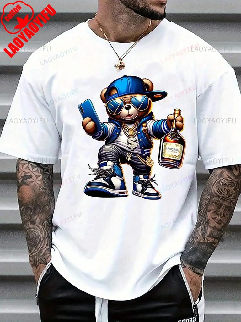 Men's Casual Fashion Cartoon Bear with Blue Cap Print T-Shirt Regular Fit Crew Neck Tee Vintage Nostalgia New Casual Simple